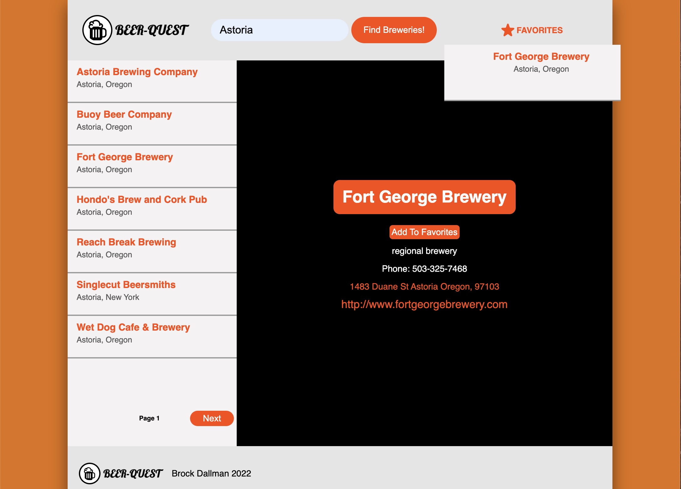 Screen shot of Brock Dallman's Beer Quest website