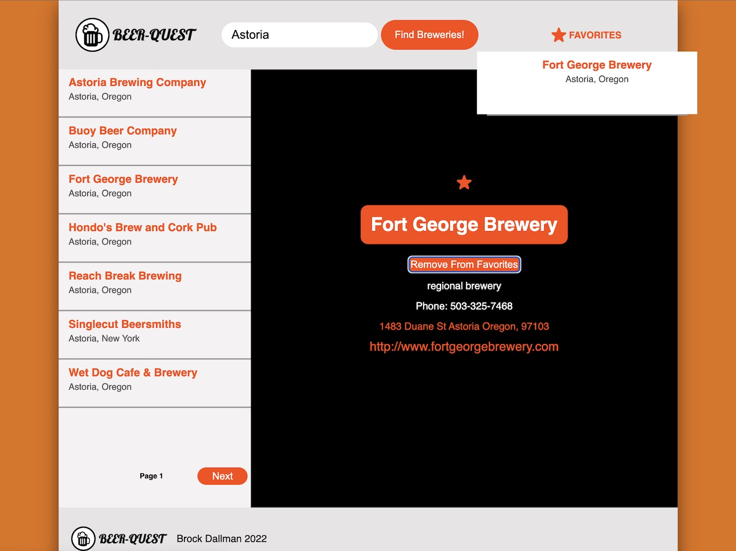 Screenshot of Brock Dallman's Beer Quest website